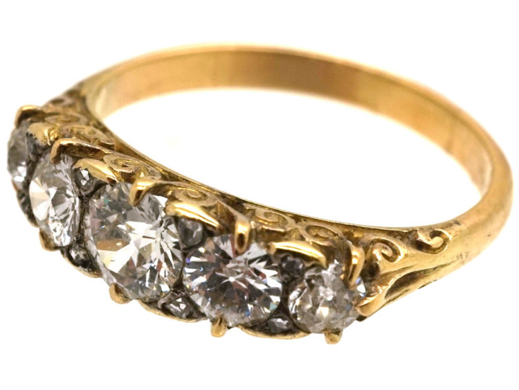 Victorian 18ct Gold, Five Stone Diamond Carved Half Hoop Ring