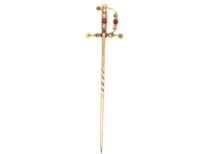 Edwardian 15ct Gold, Ruby Diamond & Natural Pearl Sword Tie Pin