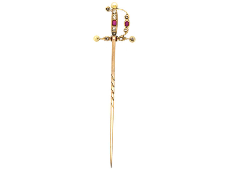 Edwardian 15ct Gold, Ruby Diamond & Natural Pearl Sword Tie Pin