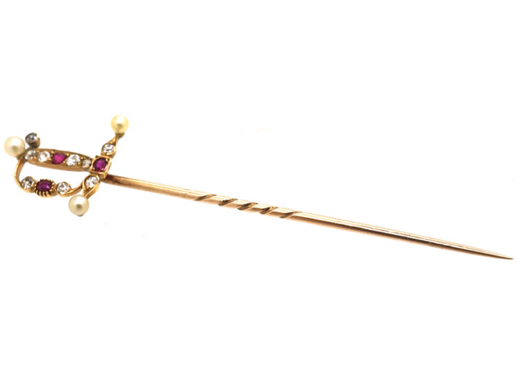Edwardian 15ct Gold, Ruby Diamond & Natural Pearl Sword Tie Pin