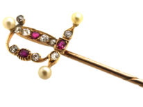 Edwardian 15ct Gold, Ruby Diamond & Natural Pearl Sword Tie Pin