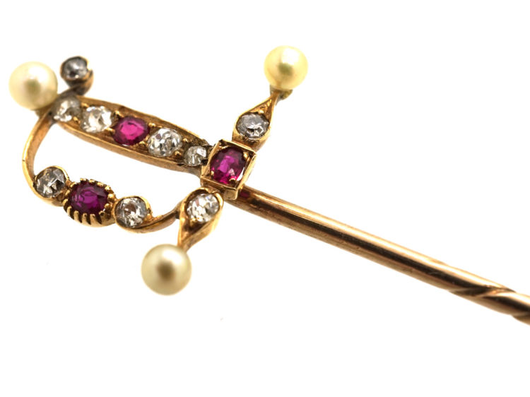 Edwardian 15ct Gold, Ruby Diamond & Natural Pearl Sword Tie Pin