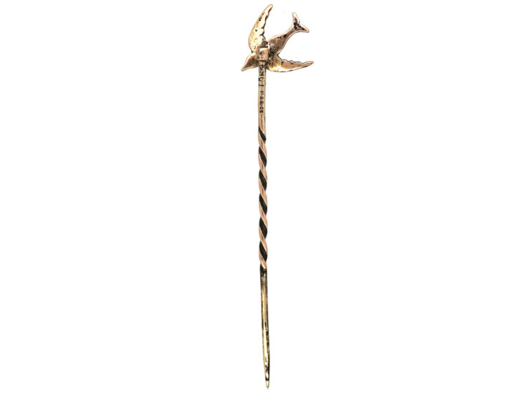 Edwardian 9ct Gold Swallow Tie Pin set with Turquoise & Natural Split Pearls by Murrle Bennett & Co