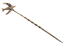 Edwardian 9ct Gold Swallow Tie Pin set with Turquoise & Natural Split Pearls by Murrle Bennett & Co