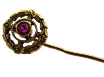 French Belle Epoque 18ct Gold & Ruby Wreath Tie Pin