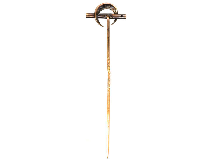 Edwardian 18ct Gold, Rose Diamond Crescent Moon & Bar Tie Pin