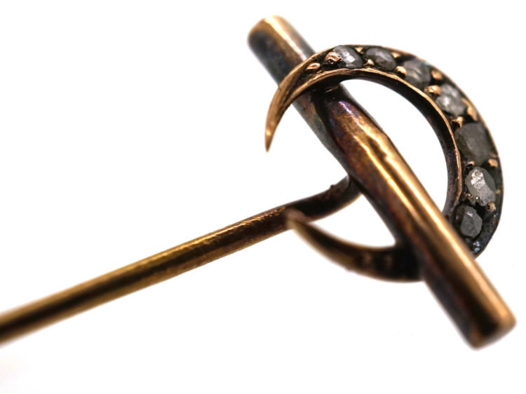 Edwardian 18ct Gold, Rose Diamond Crescent Moon & Bar Tie Pin