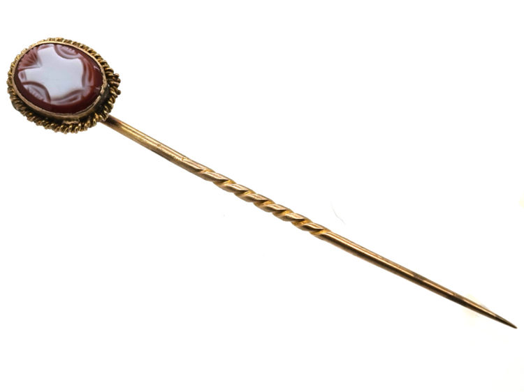Victorian 15ct Gold Carved Carnelian Tie Pin of a Shield