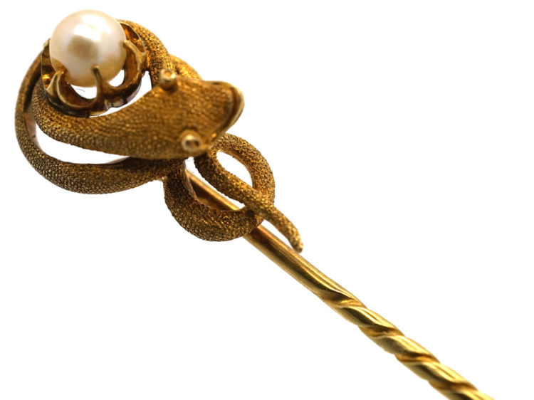 Victorian 18ct Gold Snake Tie Pin With Natural Pearl