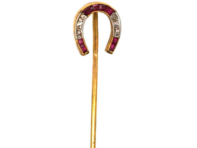 Edwardian 15ct Gold Ruby & Rose Diamond Horse Shoe Tie Pin
