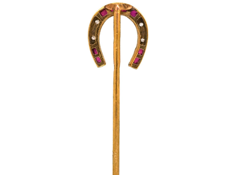 Edwardian 15ct Gold Ruby & Rose Diamond Horse Shoe Tie Pin