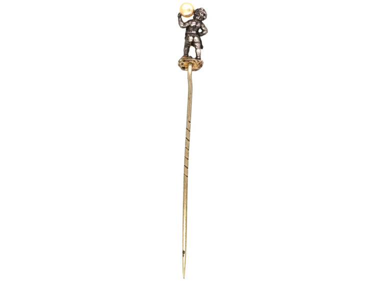 Victorian Silver Cherub Holding a Pearl Tie Pin