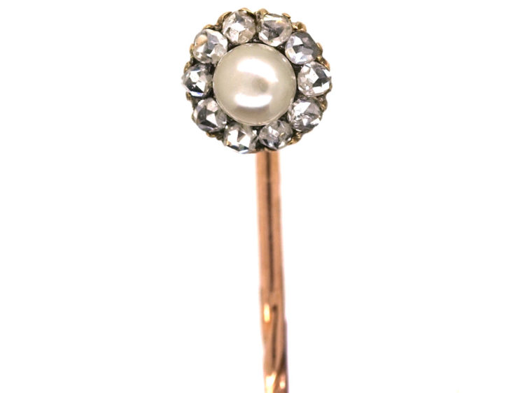 Victorian 18ct Gold, Rose Diamond & Natural Pearl Tie Pin