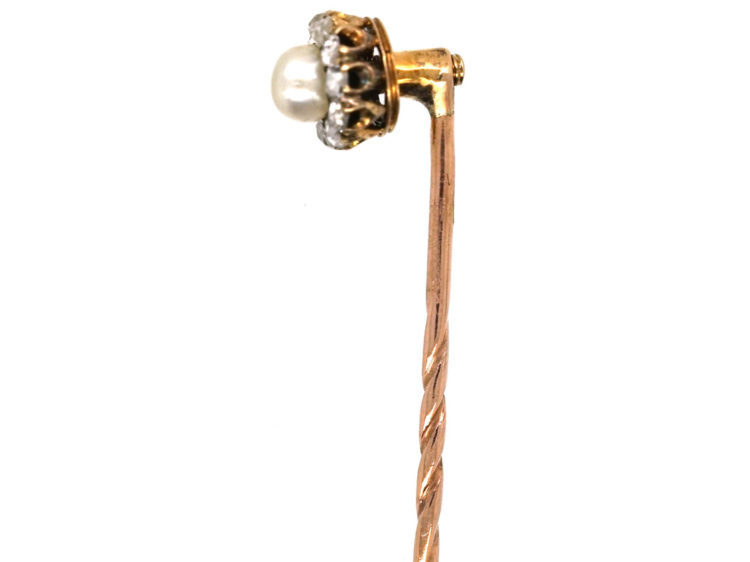 Victorian 18ct Gold, Rose Diamond & Natural Pearl Tie Pin