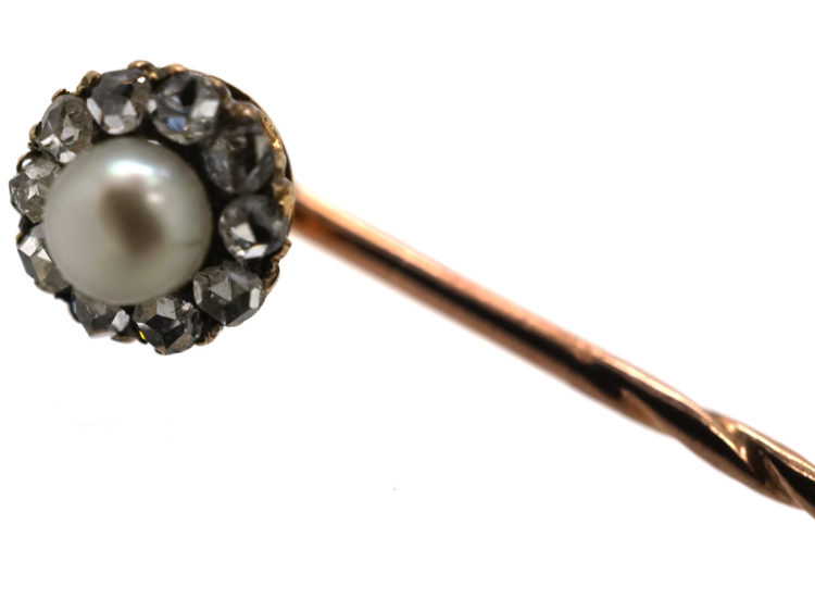 Victorian 18ct Gold, Rose Diamond & Natural Pearl Tie Pin