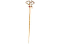 Art Deco Platinum & 18ct Gold, Rose Diamond Natural Pearl & Ruby Tie Pin