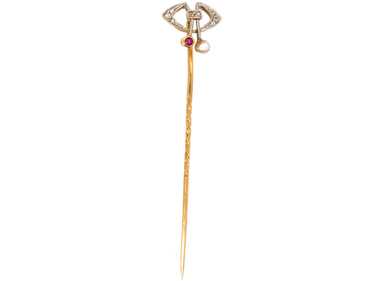 Art Deco Platinum & 18ct Gold, Rose Diamond Natural Pearl & Ruby Tie Pin