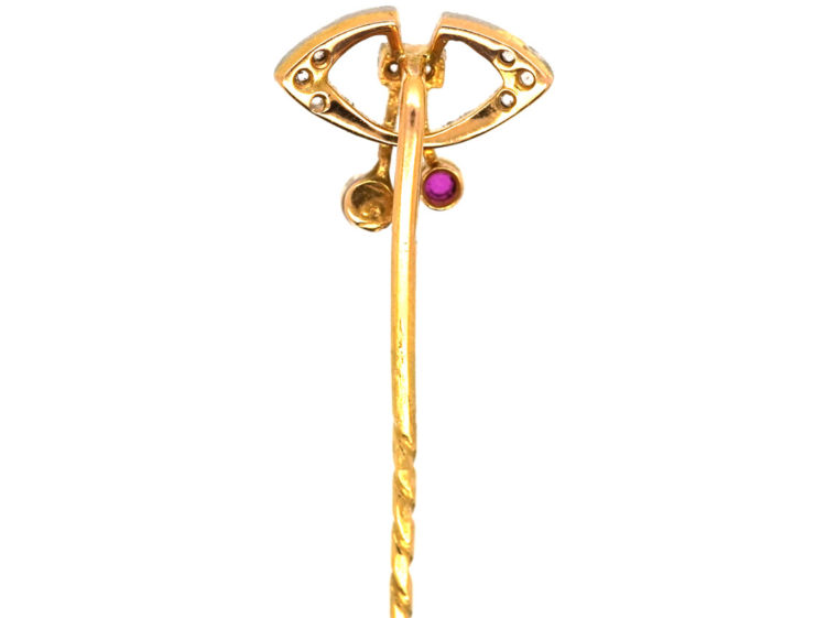 Art Deco Platinum & 18ct Gold, Rose Diamond Natural Pearl & Ruby Tie Pin