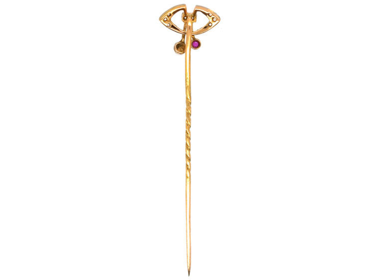 Art Deco Platinum & 18ct Gold, Rose Diamond Natural Pearl & Ruby Tie Pin