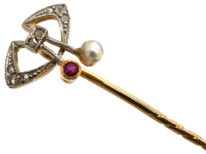 Art Deco Platinum & 18ct Gold, Rose Diamond Natural Pearl & Ruby Tie Pin