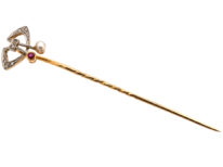 Art Deco Platinum & 18ct Gold, Rose Diamond Natural Pearl & Ruby Tie Pin