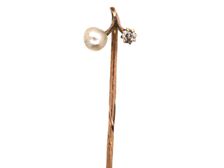 Edwardian Diamond & Natural Pearl Sprig Tie Pin