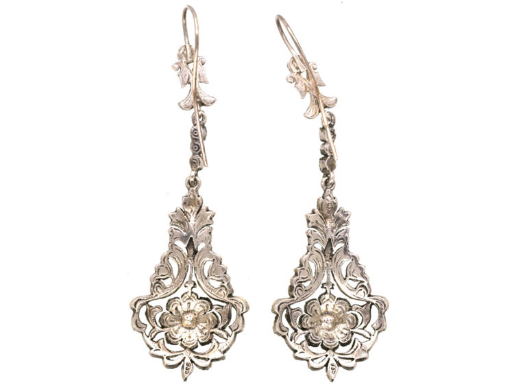 Edwardian Silver, Blue & White Paste Long Drop Earrings