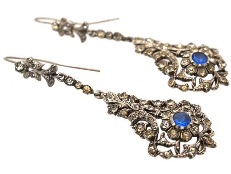 Edwardian Silver, Blue & White Paste Long Drop Earrings