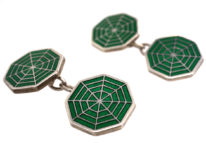 Silver & Green Enamel Octagonal Spider's Web Cufflinks
