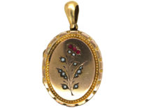 Edwardian 9ct Gold Back & Front Oval Locket set with Red Paste & Pearls