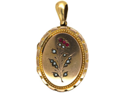 Edwardian 9ct Gold Back & Front Oval Locket set with Red Paste & Pearls