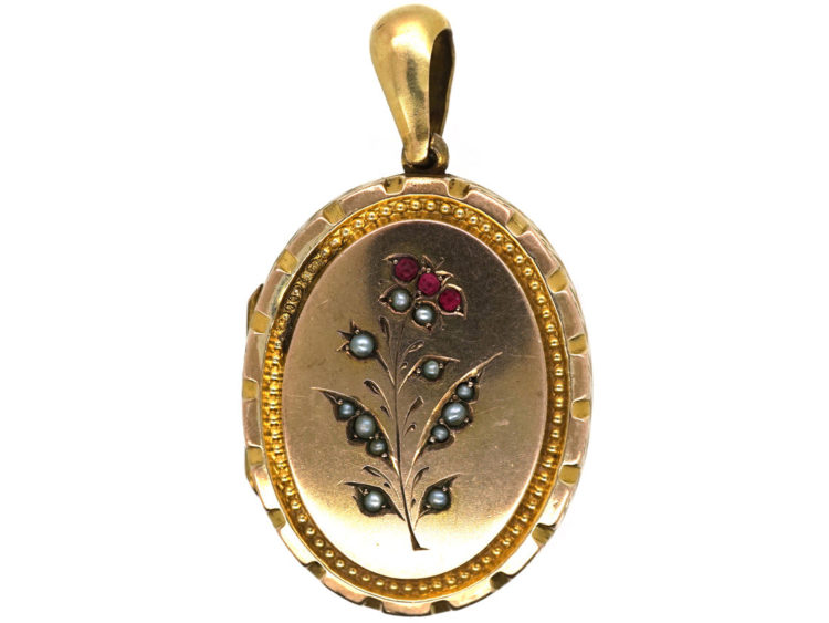 Edwardian 9ct Gold Back & Front Oval Locket set with Red Paste & Pearls