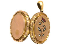 Edwardian 9ct Gold Back & Front Oval Locket set with Red Paste & Pearls