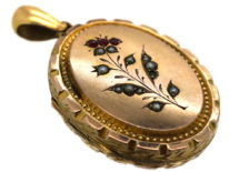 Edwardian 9ct Gold Back & Front Oval Locket set with Red Paste & Pearls