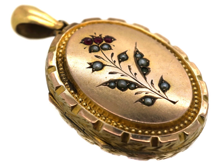 Edwardian 9ct Gold Back & Front Oval Locket set with Red Paste & Pearls