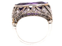 French Art Deco Platinum, Rose Diamond & Large Oval Amethyst Ring