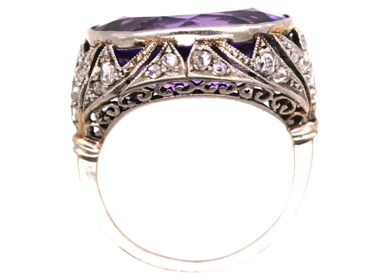 French Art Deco Platinum, Rose Diamond & Large Oval Amethyst Ring