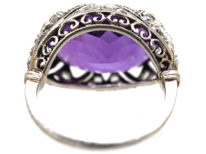French Art Deco Platinum, Rose Diamond & Large Oval Amethyst Ring