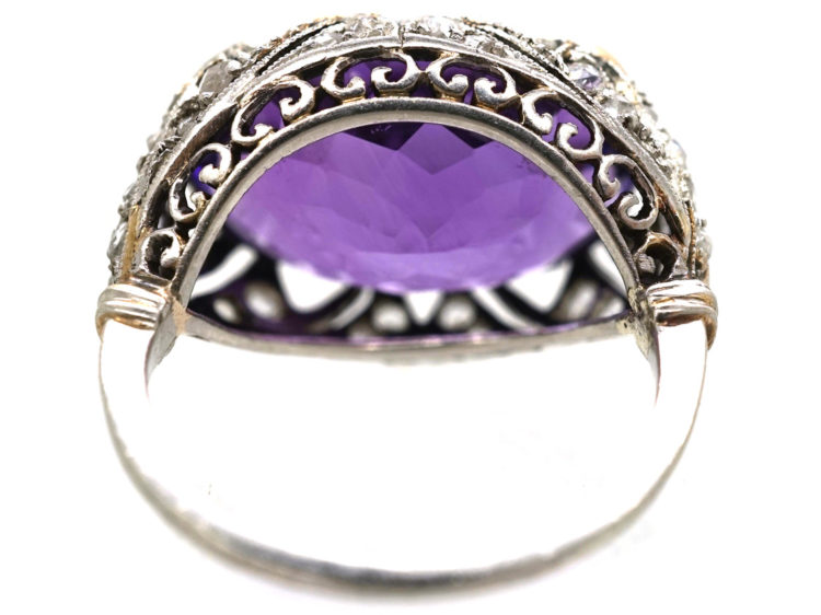 French Art Deco Platinum, Rose Diamond & Large Oval Amethyst Ring