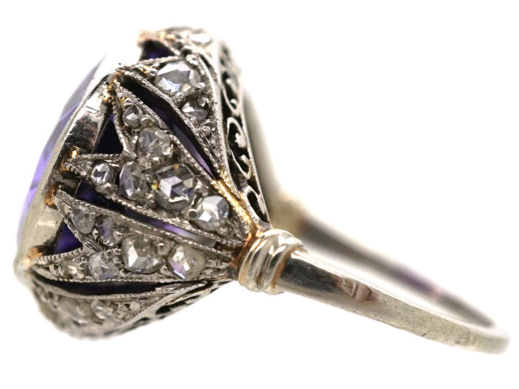 French Art Deco Platinum, Rose Diamond & Large Oval Amethyst Ring