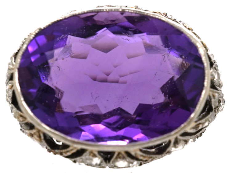 French Art Deco Platinum, Rose Diamond & Large Oval Amethyst Ring