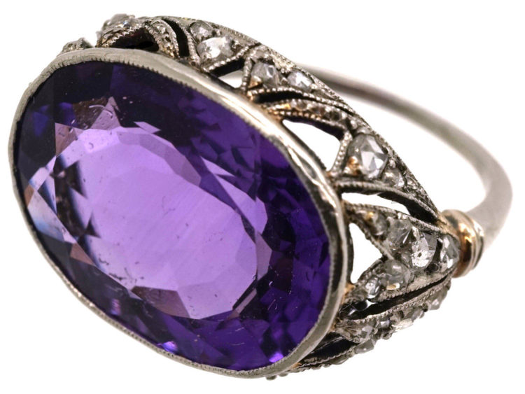 French Art Deco Platinum, Rose Diamond & Large Oval Amethyst Ring