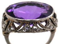 French Art Deco Platinum, Rose Diamond & Large Oval Amethyst Ring