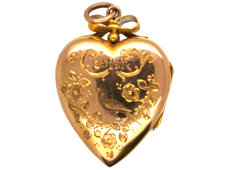 Edwardian 9ct Gold Back & Front Heart Shaped Locket with Swallow & Flowers Motif