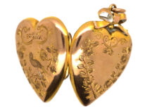 Edwardian 9ct Gold Back & Front Heart Shaped Locket with Swallow & Flowers Motif