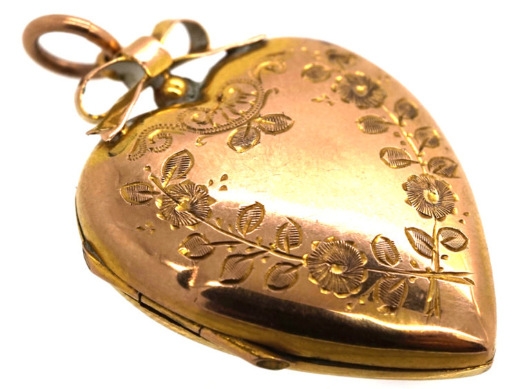 Edwardian 9ct Gold Back & Front Heart Shaped Locket with Swallow & Flowers Motif