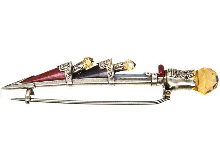 Victorian Silver Dirk Brooch set with Agates & Citrine
