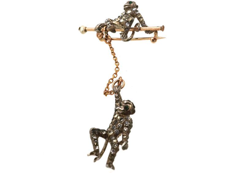 Edwardian Silver & Gold Novelty Brooch of Two Monkeys
