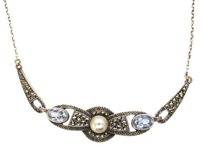 Art Deco Silver Necklace set with Marcasite, Synthetic Blue Spinel & a Pearl
