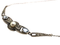 Art Deco Silver Necklace set with Marcasite, Synthetic Blue Spinel & a Pearl